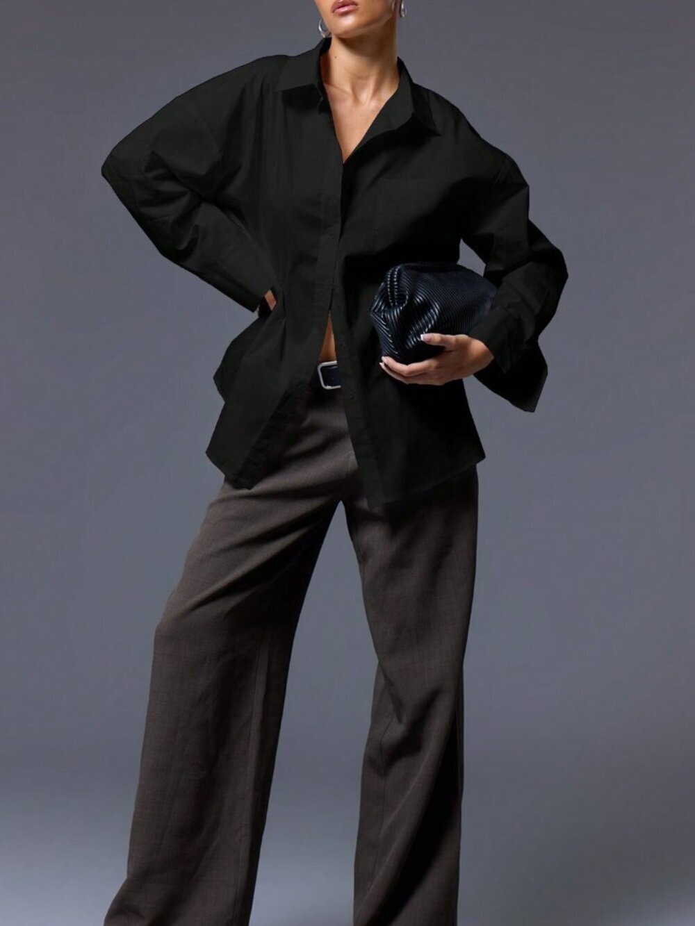 Black Casual Women's Oversized Button Up Shirt - Picture 1 of 4